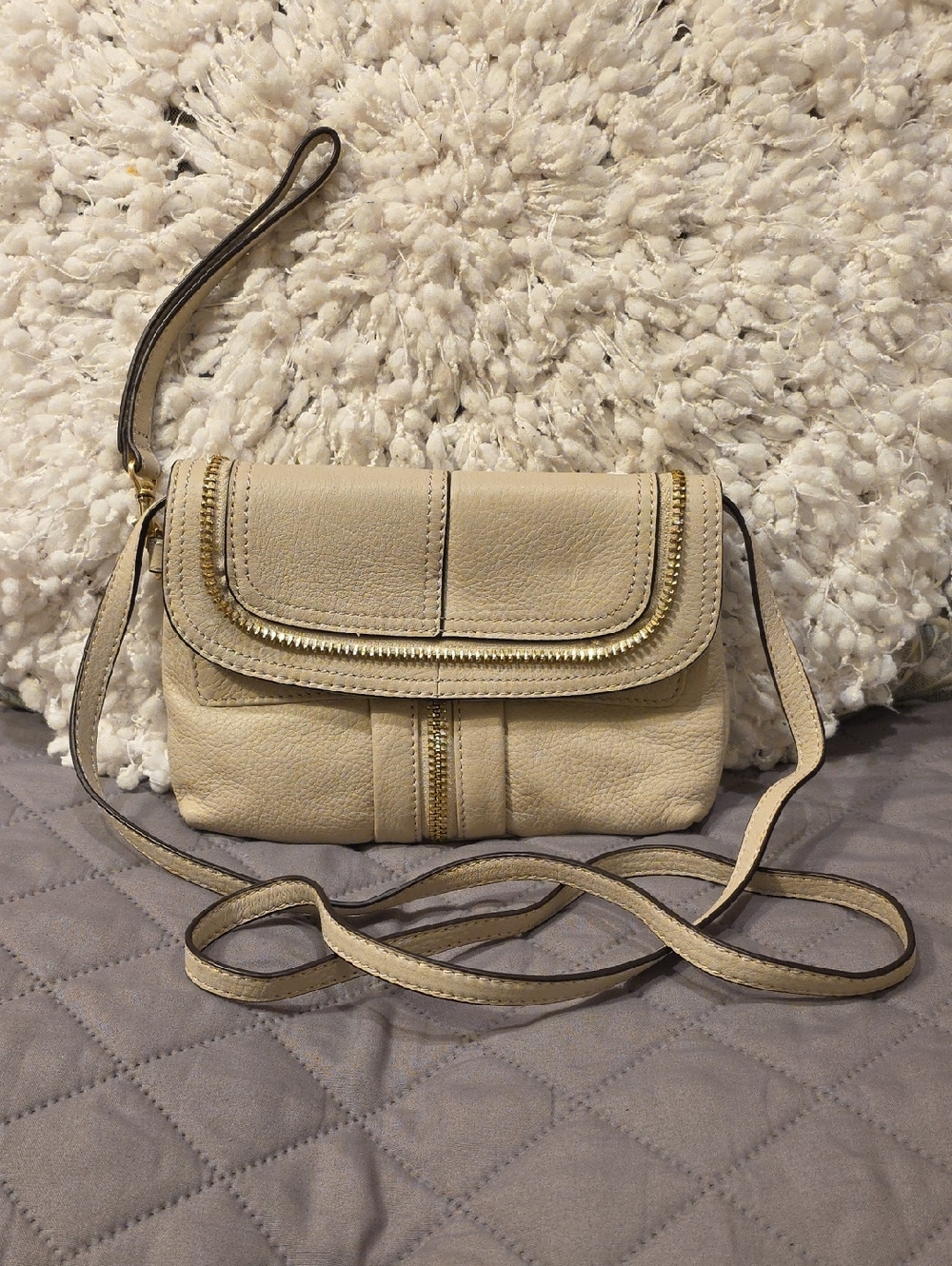 b. makowsky Cream Leather Crossbody Wristlet with Gold-Tone and Zipper Accents